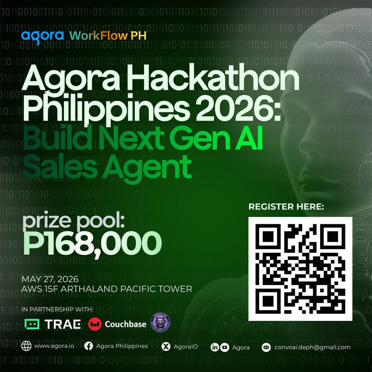 Agora Hackathon Philippines 2026 official poster with WorkFlow PH as community partner