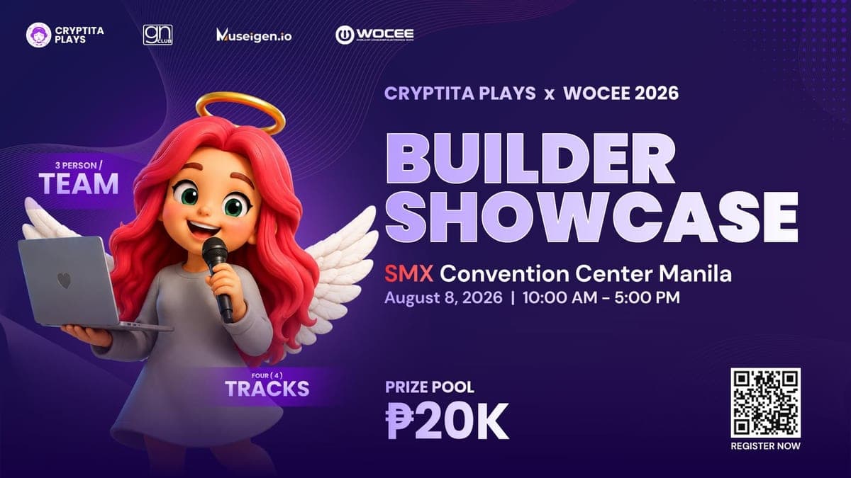 Cryptita builders showcase at WOCEE 2026 poster with WorkFlow PH support